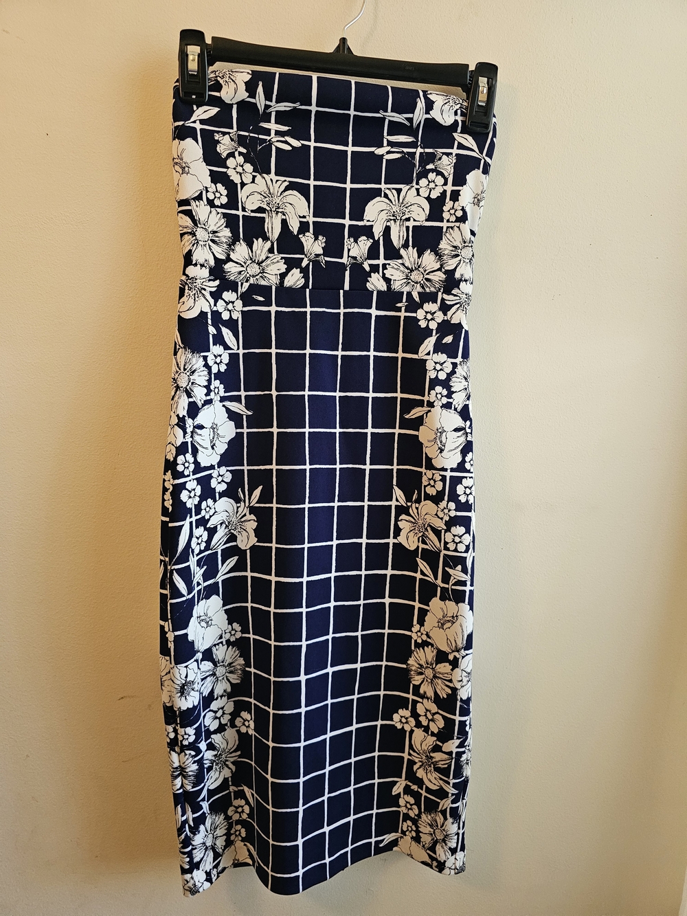Express Navy and White Strapless Grid Floral Midi Dress